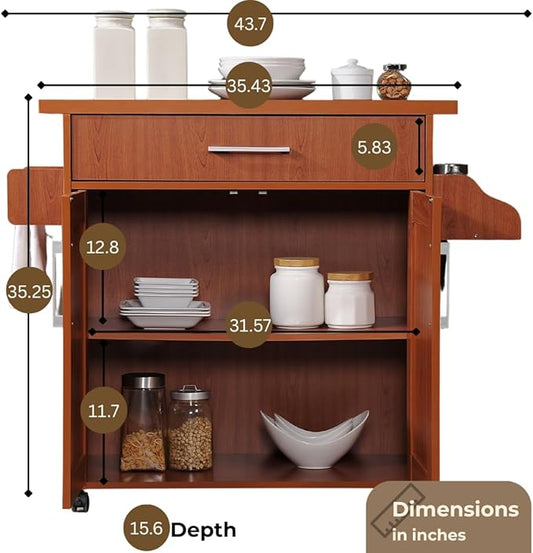 Hodedah Rolling Wood Kitchen Island Cart with Spice Rack, Towel Rack, Utensil Drawer plus Cabinet, White with Beech Top