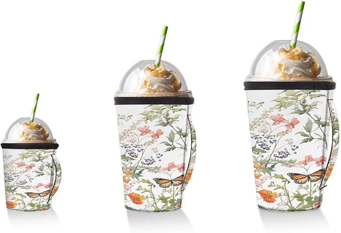 Reusable Iced Coffee Cup Sleeve Spring Flowers Butterfly Neoprene Insulated Sleeves Cup Holder with handle Idea for 30oz - 32oz