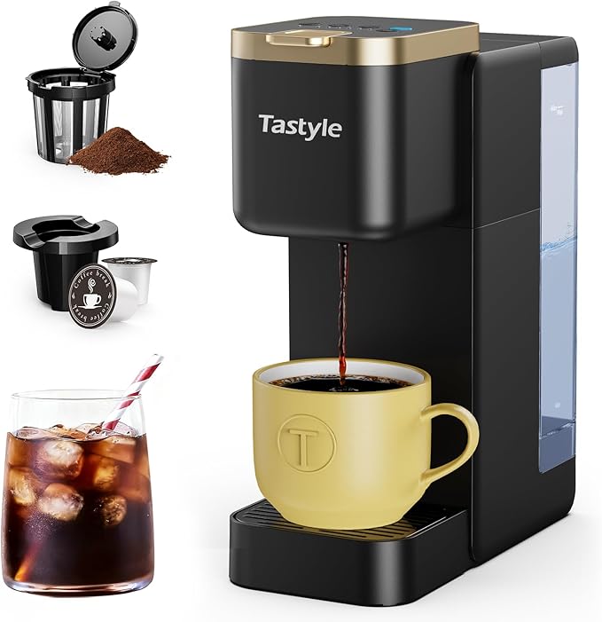 Tastyle Single Serve Coffee Maker, Iced and Hot Coffee Machine for K Cup & Grounds, Compact Design, 40oz Removable Water Reservoir, 6 to 24 Oz Brew Sizes, Fits 7.3" Travel Mug, Black+Gold