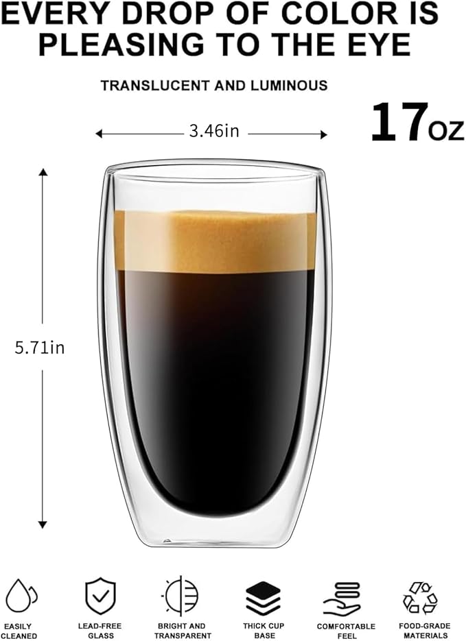 17oz Double Wall Glass Coffee Mugs Set of 4, Insulated Coffee Mug, Clear Borosilicate Glass Coffee Cups for Cappuccino, Tea, Lightweight and Microwave Safe