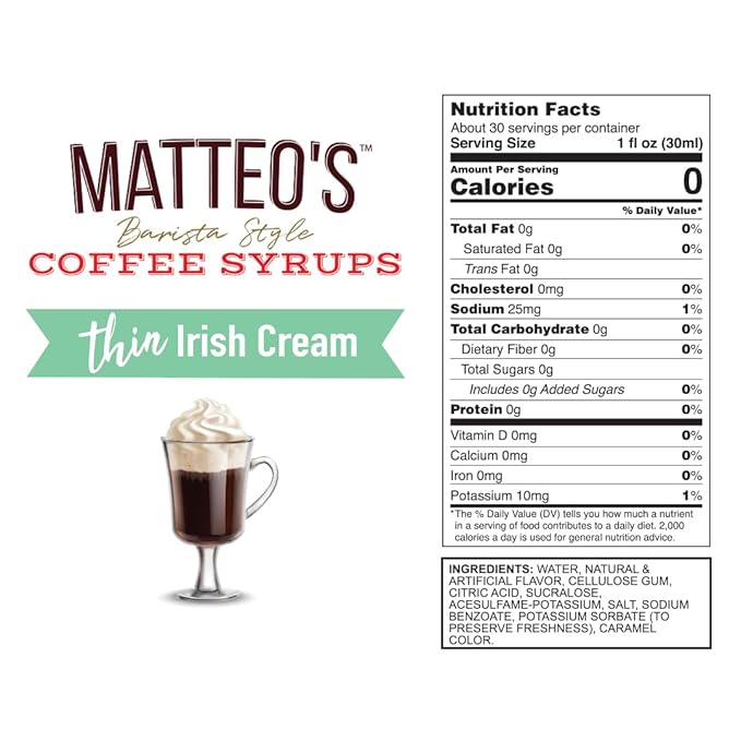 Matteo's Irish Cream Syrup for Coffee, Lattes, Cappuccinos & Desserts – Sugar-Free Sweetener for Beverages, Keto Friendly, Zero Calories, Indulgent Flavor, Non-Alcoholic, 33.8oz (1pk)