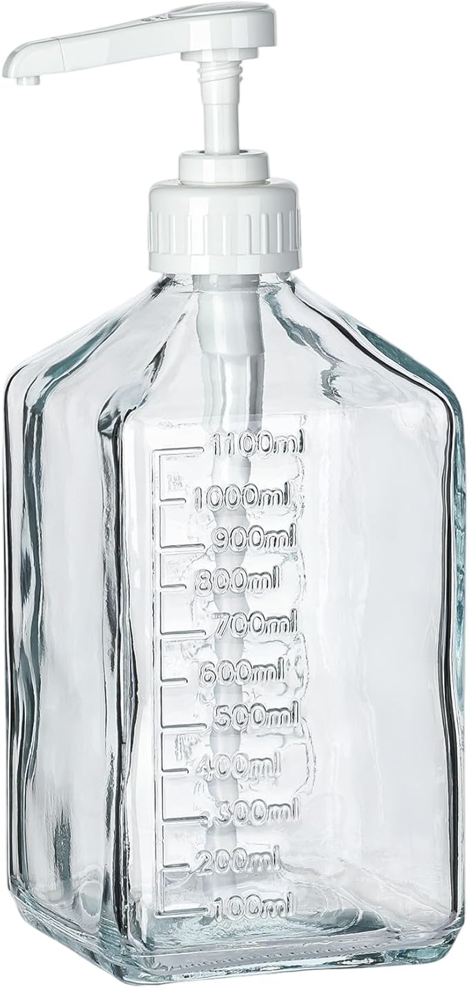Uceoo Coffee Syrup Dispenser, Glass Syrup Bottle With Plastic Pump, 37 Oz Large Capacity Square Syrup Pump Dispensers for Coffee Bar, Simple Clear Pump Bottle for Honey, Condiments, Salad Dressings