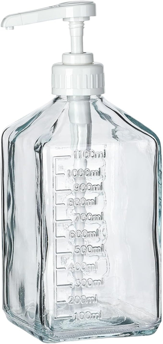 Uceoo Coffee Syrup Dispenser, Glass Syrup Bottle With Plastic Pump, 37 Oz Large Capacity Square Syrup Pump Dispensers for Coffee Bar, Simple Clear Pump Bottle for Honey, Condiments, Salad Dressings