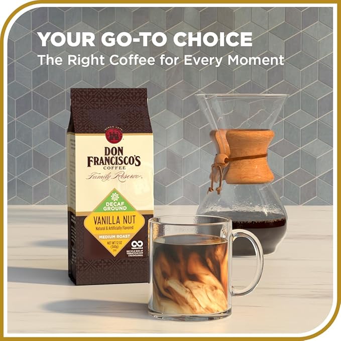 Don Francisco's Decaf Vanilla Nut Ground Coffee, Medium Roast – 100% Arabica, Flavored Coffee, 12 oz Bag