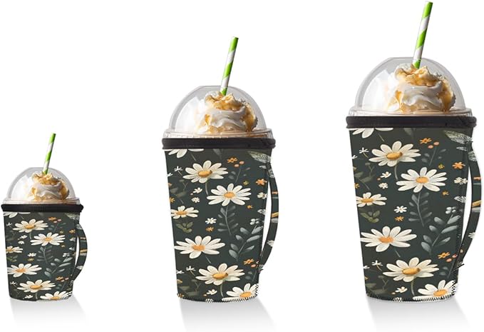 Reusable Iced Coffee Cup Sleeve Butterfly Daisy Neoprene Insulated Sleeves Cup Holder with handle Idea for 24oz - 28oz