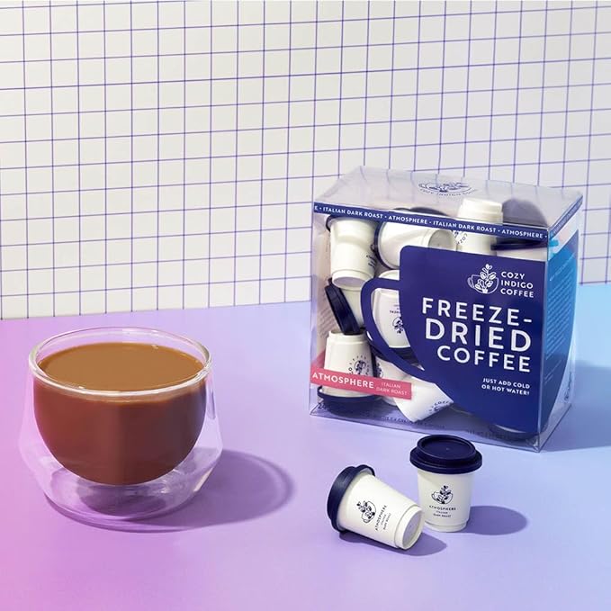 COZY INDIGO COFFEE - ATMOSPHERE Italian Dark Roast Instant Freeze Dried Specialty Coffee, 24 Capsules, 100% Arabica Beans, Enjoy Cold or Hot, Perfect for Travel and On The Go