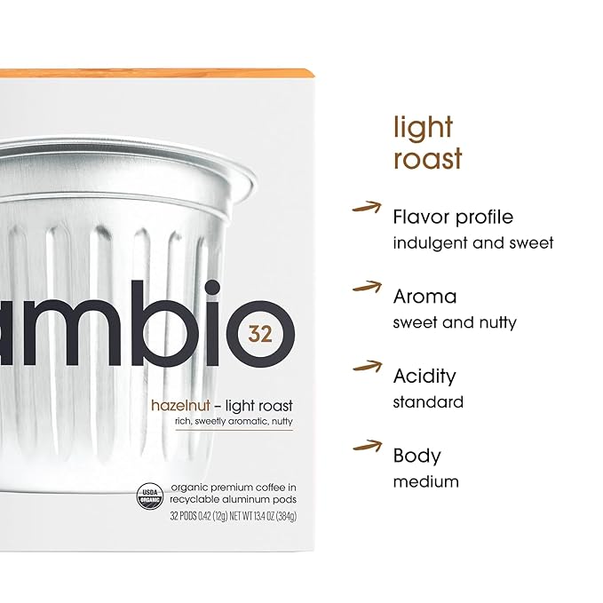 Cambio Roasters Hazelnut Light Roast Organic Coffee Pods - The Only Organic Recyclable Aluminum Coffee Pods, Small Batch Roasted, Keurig Compatible, Nutty Flavor & Longer Lasting Freshness, 60 Count