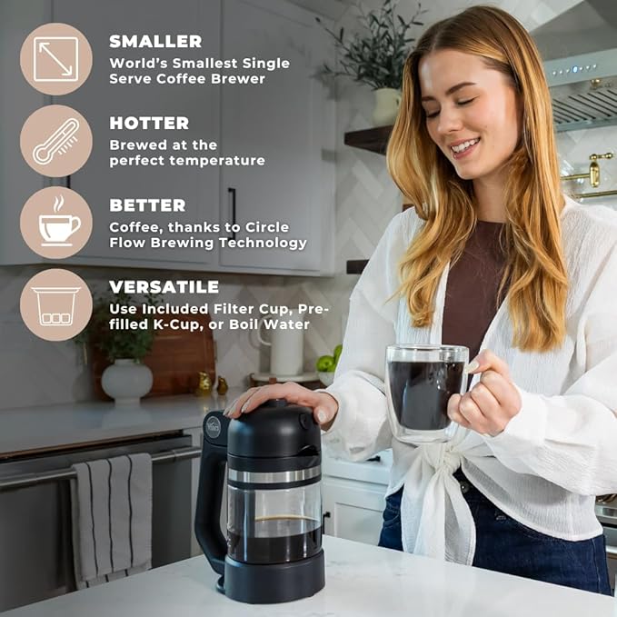 VINCI Micro Café Smallest Single-Serve Coffee Brewer | Compatible with Keurig K-Cups, K-Pods | Glass Carafe | Enclosed Brewing for Hotter Coffee | Large Capacity Reusable Filter Cup Included (White)