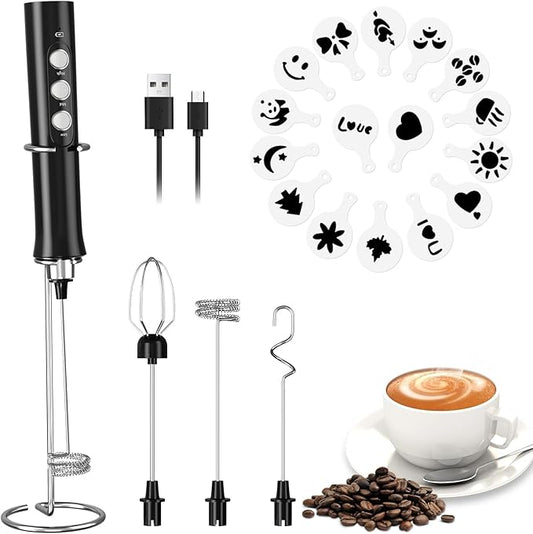 FITNATE Rechargeable Milk Frother with Stand, Handheld Milk Frother with 3 Stainless Whisks, 3 Speeds Drink Mixer Foam Maker for Coffee, Latte, Cappuccino, Hot Chocolate, Egg