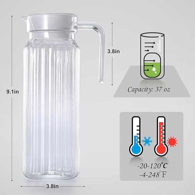 Acrylic Pitcher 37 oz, OEH Unbreakable Clear Plastic Pitcher with Lid, BPA-Free, Heat-Resistant Small Plastic Water Pitcher for Tea, Sangria, Lemonade, Juice, Milk, Stripe