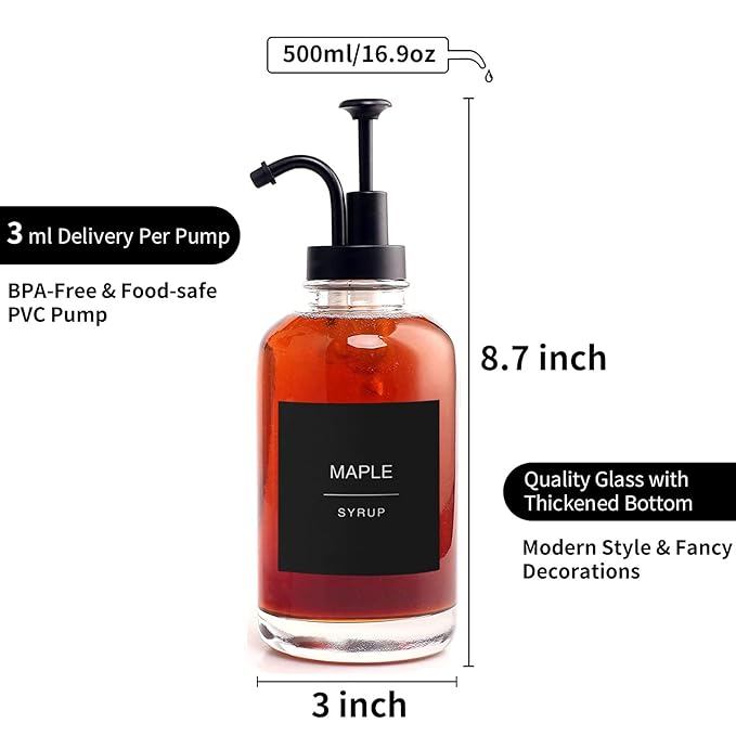 Glass Coffee Syrup Dispenser with 84 Labels (Set of 2), Fancy Pump Dispenser for Bar Accessories, 16.9 oz