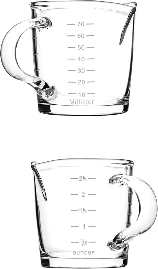 QWORK Espresso Shot Glass with Handle, 4 Pack 3-Ounce Double Spout Glass Measuring Cup Triple Pitcher Milk Cup with Two Scales (OZ&ML)