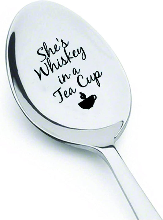 She's Whiskey in a Tea Cup Stainless Steel Engraved Spoon – Teaspoon for Dessert, Coffee, Ice Tea and Serving Spoon – Wedding, Anniversary and Bridal Shower Gift for her – 7 Inch