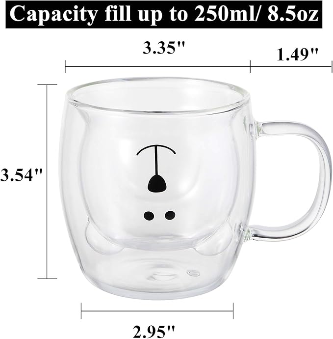 Yopay 2 Pack Glass Bear Coffee Mugs, 8.5 oz Double Wall Insulated Cute Kids Coffee Milk Beer Cups for Latte, Cappuccino, Americano, Tea, Beverage, Valentine's Day Birthday