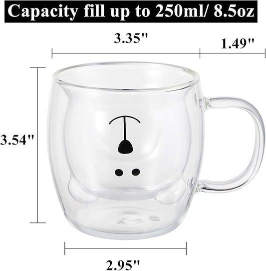 Yopay 2 Pack Glass Bear Coffee Mugs, 8.5 oz Double Wall Insulated Cute Kids Coffee Milk Beer Cups for Latte, Cappuccino, Americano, Tea, Beverage, Valentine's Day Birthday