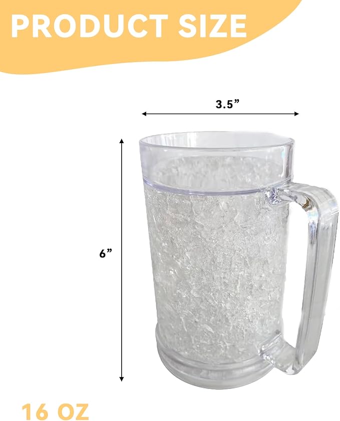 Lily's Home Freezer Beer Mugs with Handles, 16 oz Set of 4 – Clear Frosted Double Wall Insulated Acrylic, Gel-Filled, Break-Resistant for Home Bar, Pool Parties, BBQ & Outdoor