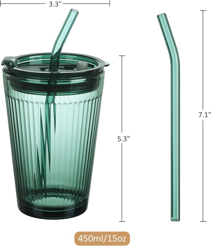 Joeyan Glass Tumbler with Straw and Lid,Green Glasses Water Cup with Straw,Colored Glass Drinking Jars for Juice Beverages Iced Coffee Tea Smoothie Soda Milk,15 oz,Set of 2,Dishwasher Safe