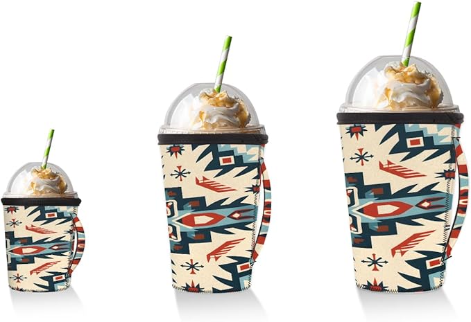 Reusable Iced Coffee Cup Sleeve Aztec Western Neoprene Insulated Sleeves Cup Holder with handle Idea for 24oz - 28oz