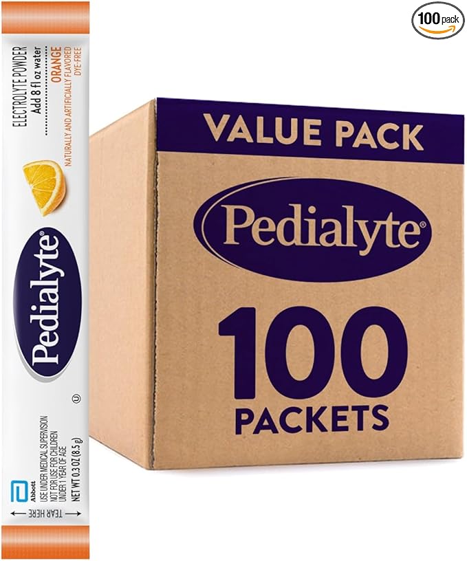 Pedialyte Electrolyte Powder, Hydration Drink for Kids & Adults, Orange, 100 Powder Packets