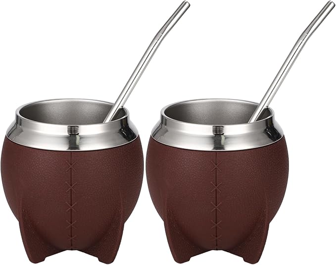 2PCS Yerba Mate Cup, 6 oz Stainless teel Mate Cup with Straw, Double Wall Vacuum Insulated Yerba Mate Gourd for Traditional Mate Tea Drinking (Brown-A)