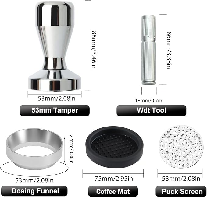53mm Espresso Accessories Kit, 316 stainless steel Espresso Tamper, WDT Tool, Puck Screen and Dosing Funnel Set Fits Delonghi 53 mm Espresso Coffee Machines and Portafilter, Barista Tools