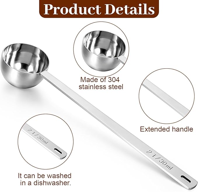 Long Handle Coffee Scoop, 18/8 Stainless Steel Coffee Scoop Food Grade Metal Measuring Spoon 8.6 In 2 Tbsp/ 30ml Metal Scooper Tablespoon for Beans Ground Sugar Powders Protein Powders Sugar