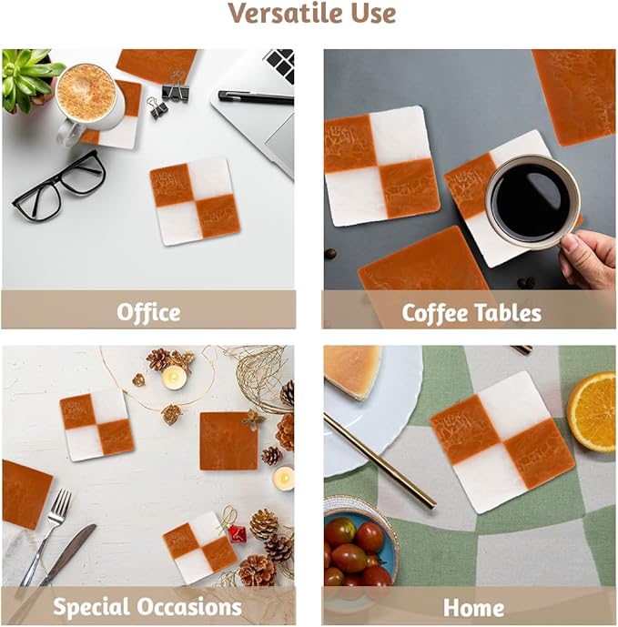Folkulture Checkered Rust Resin Coasters Set of 4 | Waterproof Drink Coasters for Coffee Table & Bar | Rustic Boho Home Décor | Housewarming & Valentine Gifts