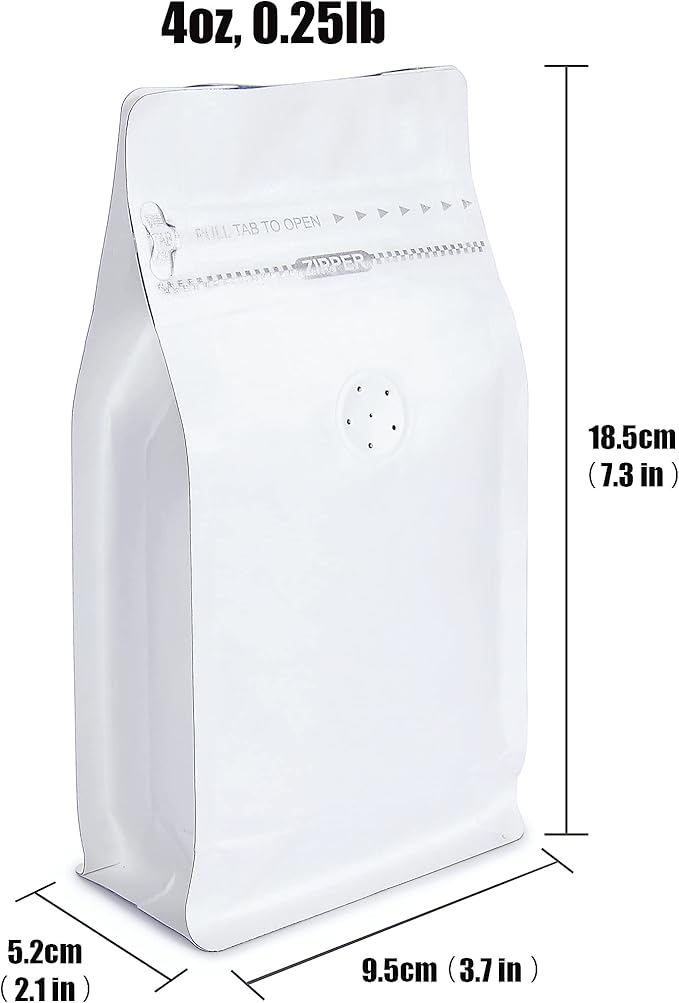White Kraft Paper Stand Up Coffee Bag/Flat Bottom Coffee Pouch with One Way Degassing Valve and Reusable Side Zipper(Pull Tab to Open) (4oz, 0.25lb, 50 Pieces)