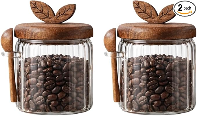 Glass Coffee Canister with Wooden Lid & Spoon, Airtight Food Storage Jar for Coffee, Sugar, Salt, Tea & Snacks (17floz x 2)