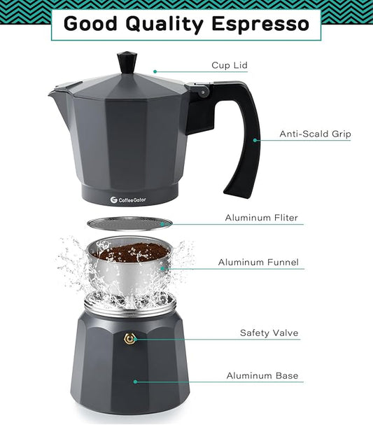 Coffee Gator Moka Pot - 6 Cup, 12oz Stovetop Espresso Maker - Classic Italian and Cuban Coffee Percolator w/ 2 Stainless-Steel Cups – Matte Grey Aluminum, 360ml