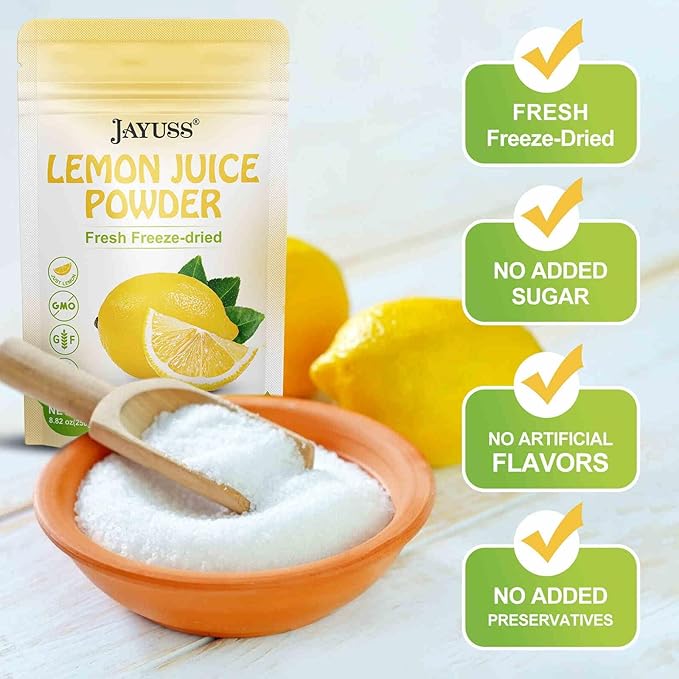 JAYUSS Lemon Juice Powder 8.82 Ounce, 100% Natural, Freeze Dried Lemon Juice, No Sugar or Additives, Great for Drinks, Smoothies, and Beverages 250g