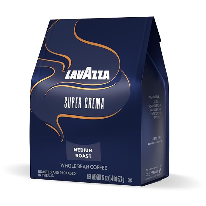 Lavazza Super Crema Whole Bean Coffee, Medium Espresso Roast, Arabica and Robusta Blend, 22 oz Bag (Pack of 2)