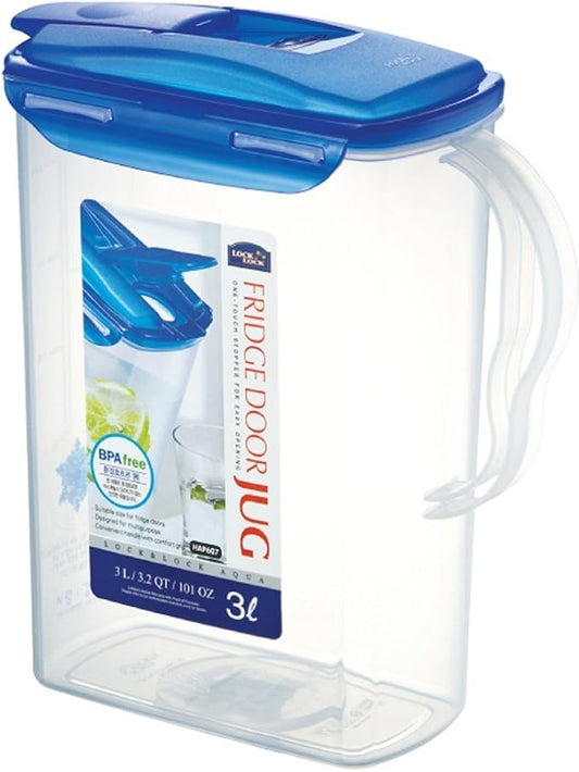 LocknLock Aqua Fridge Door Water Jug with Handle BPA Free Plastic Pitcher with Flip Top Lid Perfect for Making Teas and Juices, 3 Quarts, Blue