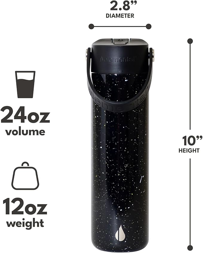 Elemental 24oz Insulated Water Bottle with Straw - 100% Leak-Proof Stainless Steel Core Water Bottles for Travel, Sports and Gym - Double Wall Insulation & BPA Free - Black Speckle