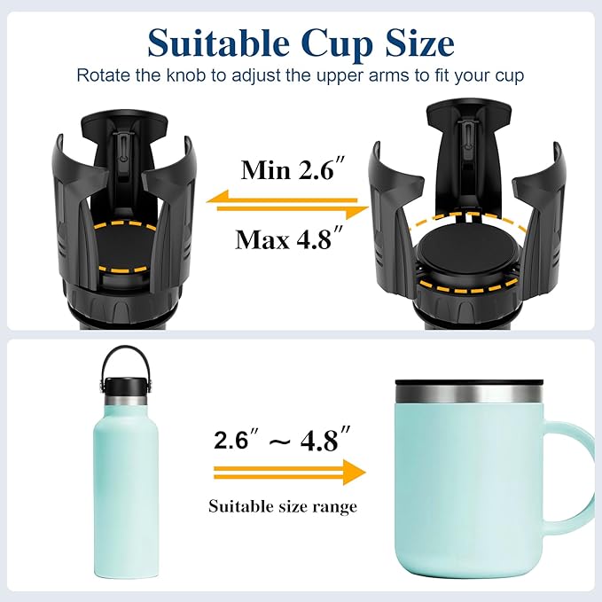 Car Cup Holder Expander, Cup Holder Extender Adapter with Expandable Arm and Adjustable Base, Compatible with Yeti Ramblers, Hydro Flasks, Stanley, Owala Most Coffee Mugs Bottles & Cups (CUP-B-2pack)