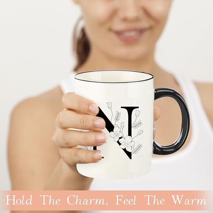 Monogram Ceramic Coffee Mugs, 11 oz Initial Drinking Cup with Gift Box, Unique Birthday Christmas Gifts for Women Wife Mothers Day Grandma Mom Aunt, N