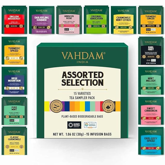 VAHDAM, Assorted Tea Sampler (15 Different Variety in Individually Wrapped Pyramid Tea Bags) Long Leaf Premium Teas I Tea Gift Set I Valentines Day Gifts Ideas for Tea Lovers