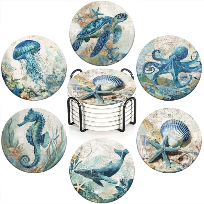 Coasters for Drink Set of 6,Vintage Marine Animal Absorbent Coasters Round Cork Bases Ceramic Coasters,Coastal Beach Coasters for Indoor/Outdoor Bar Decor,Wooden Dining Tables,Coffee Tables,4 in