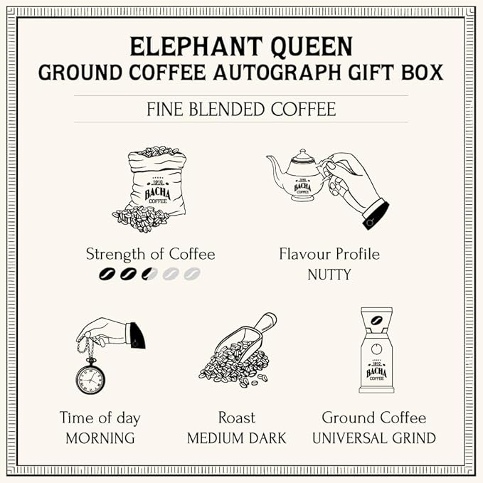 Bacha Coffee | Elephant Queen Fine Blended, Ground Beans, Medium Dark Roast, 100% Arabica Specialty Coffee, 250g Autograph Collection, Gift Box