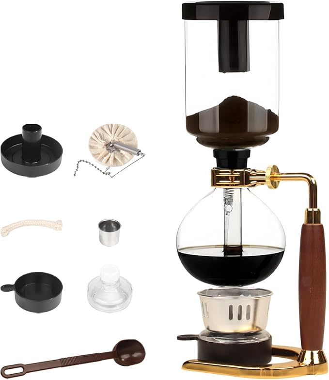 WANLWH Siphon coffee machine, Vacuum coffee maker, Japanese siphon coffee maker, Manual coffee brewer, Coffee maker for camping (Wood Color & Gold Base, 5 Cups(600ml))