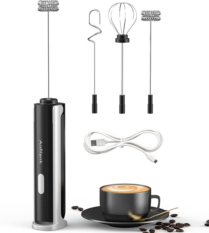 Handheld Milk Frother Wand, Rechargeable Electric Whisk with 3 Speeds & 3 Stainless Heads, Milk Foam Maker with Stand for Latte, Cappuccino, Hot Chocolate, Egg