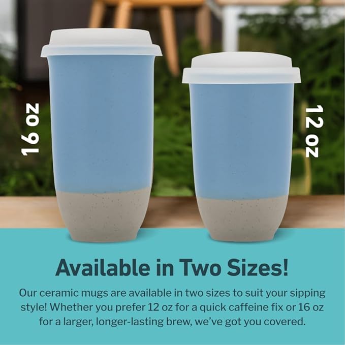 NOVA CERAMICS Travel Mug - Ceramic Coffee Mug With Lid – Microwave & Dishwasher Safe Coffee White & Grey Tumbler - Fits In Cup Holder – 12oz – Coastal Drift