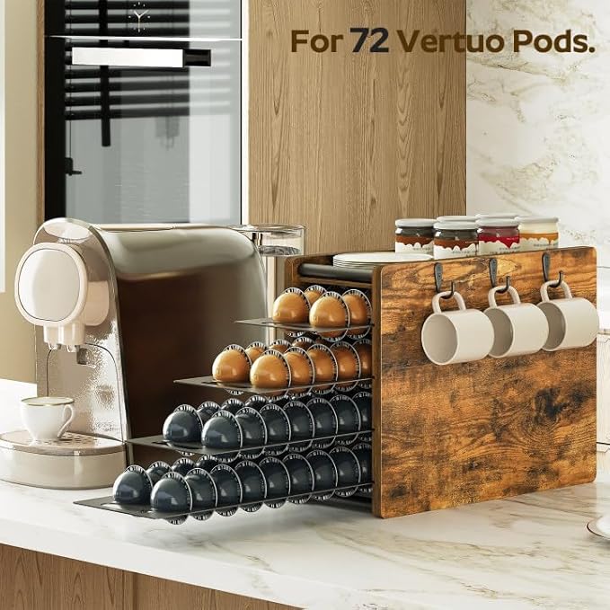 Coffee Pod Drawer Holder, 72 Pods Large Capacity, 4 Tier Holder for Vertuo, Coffee Pod Organizer for Countertop, Storage Rack for Nespresso Vertuo Pods, Space Saving, Rustic Brown KH06BR