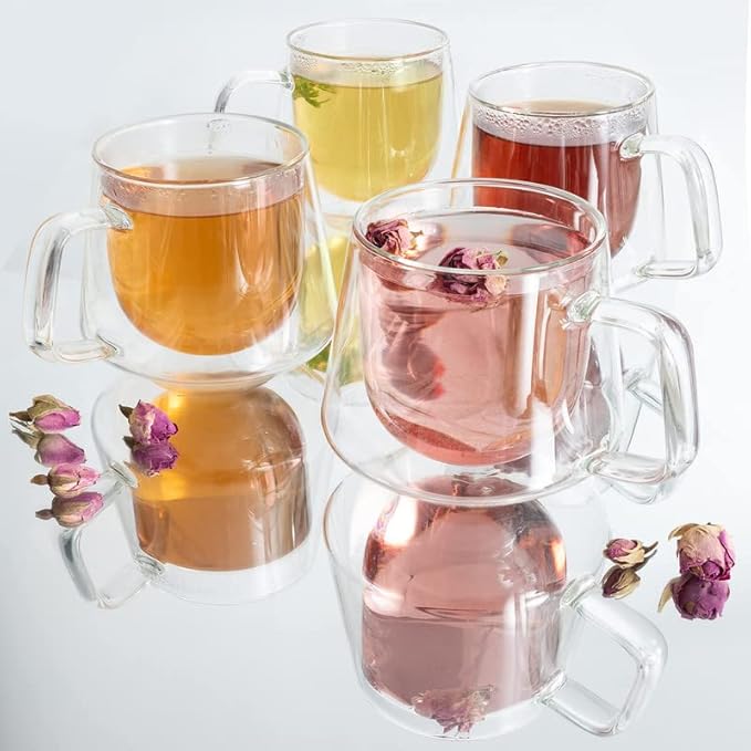 Moss & Stone Set of 4 Double Wall Glass Cup Clear Mug, Double Walled Coffee Mugs 7.5 Oz, Glass Tea Mugs, Insulated Coffee Mug With Handle.