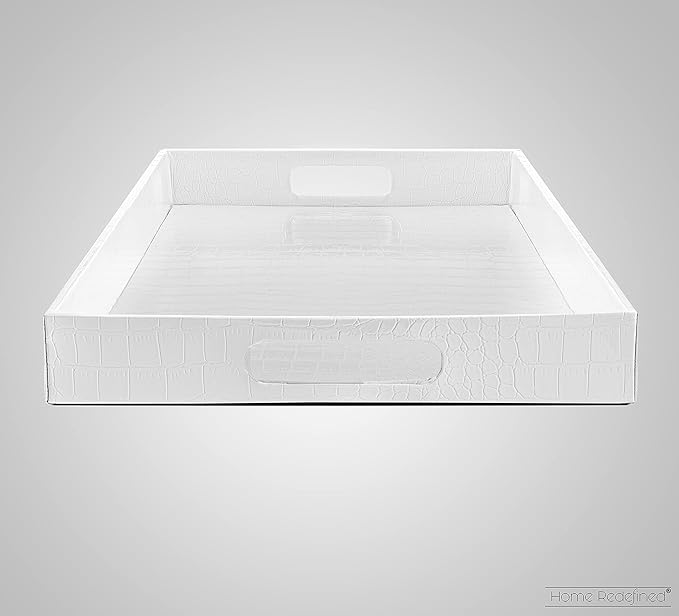 17.5"x12" White Glossy Crocodile Faux Leather Serving Tray Beautiful Modern Elegant Decorative Tray with Handles Ottoman Coffee Table Perfume Display Makeup for All Occasion's