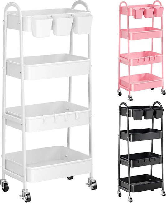 White 4 Tier Rolling Cart Metal with Wheels, Heavy Duty Utility Storage Organizer Carts on Wheels, Four Tiered Roller Cart for Kitchen, Book, Snack, Craft, Art, Dorm, Large Capacity Basket, 38in Tall