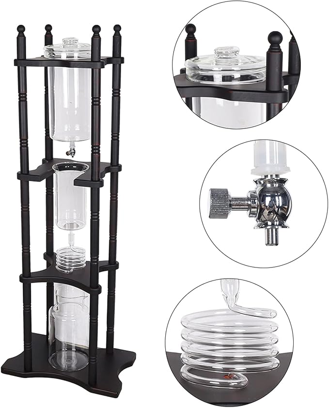 PSUFURV Cold Brew Coffee Maker, Ice Drip Coffee Maker for Coffees Shop in Wood and Hand-Blown Ice Tea Makers Slow Drip Coffees Makers with Slow Drip Technology