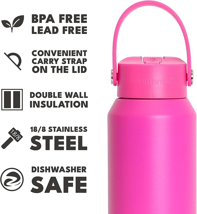 Elemental 40oz Insulated Water Bottle with Straw - 100% Leak-Proof Stainless Steel Core Water Bottles for Travel, Sports and Gym - Double Wall Insulation & BPA Free - Hot Pink