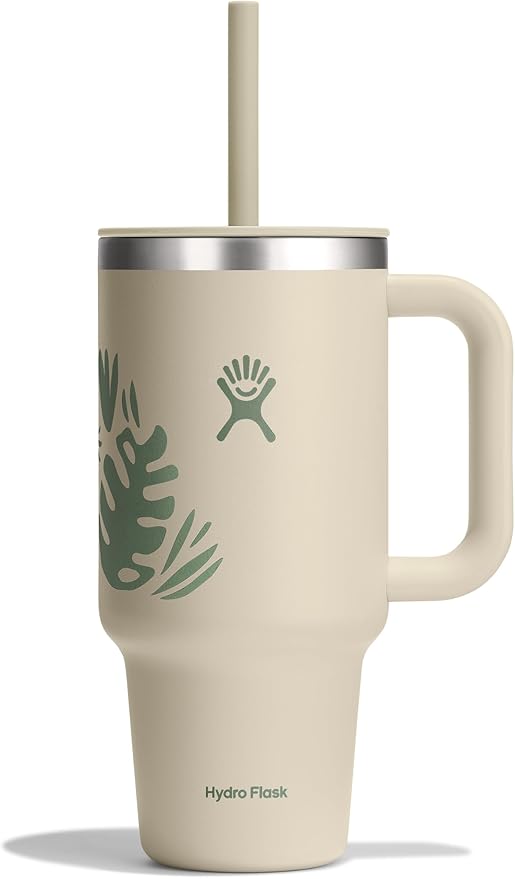 Hydro Flask Travel Tumbler with Handle, Lid and Straw - Insulated Stainless Steel in 32 Oz Botanical Bliss Coconut