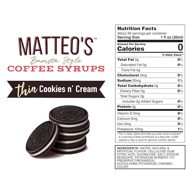 Matteo's Cookies and Cream Syrup for Coffee, Lattes, Cappuccinos & Desserts – Sugar-Free Sweetener for Beverages, Keto Friendly, Zero Calories, Indulgent Flavor, Non-Alcoholic, 33.8oz (1pk)